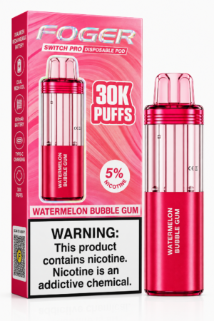 FOGER Switch Pro Watermelon Bubble Gum 30K combines juicy watermelon with a sweet bubble gum-inspired flavor. Features up to 30K puffs, dual mesh coil, 850mAh rechargeable battery and Type-C charging.