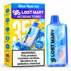 LOST MARY MT35000 TURBO in Blue Razz Ice flavor with an advertised 35K-puff capacity, 1000mAh battery, fast charging, mesh coil, and Type-C charging.