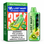 LOST MARY MT35000 TURBO in Kiwi Passion Fruit flavor with a 1000mAh battery, 35ML e-liquid, mesh coil, fast charging, and HD screen.