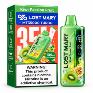 LOST MARY MT35000 TURBO in Kiwi Passion Fruit flavor with a 1000mAh battery, 35ML e-liquid, mesh coil, fast charging, and HD screen.