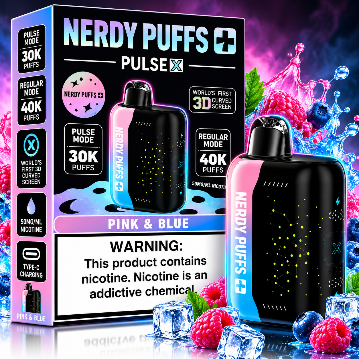 514 Pink & Blue Nerdy Puffs Pulse X 40K Disposable Vape - Image 1