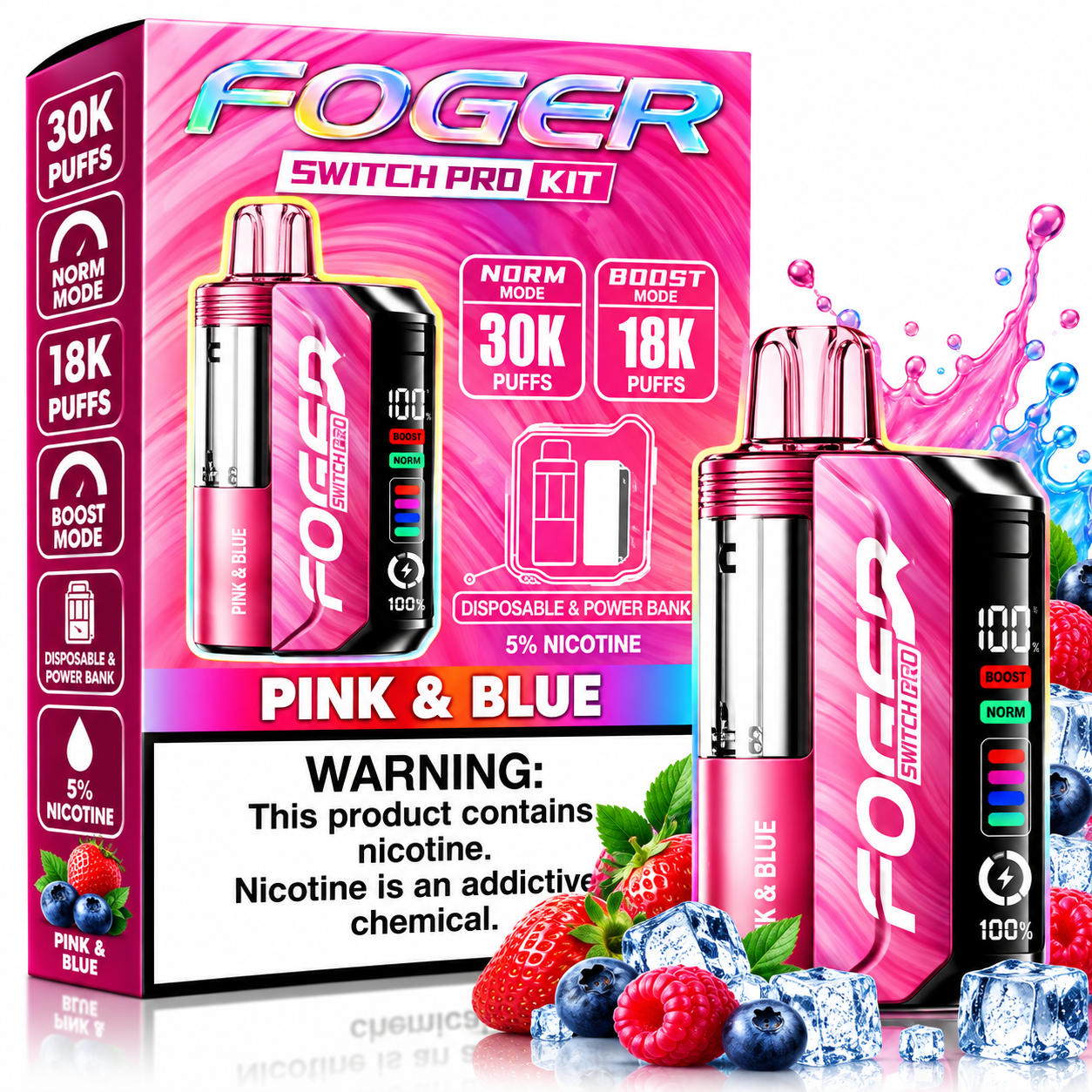 60.2 Pink & Blue Foger Switch Pro Kit 30K Disposable Vape - Image 1