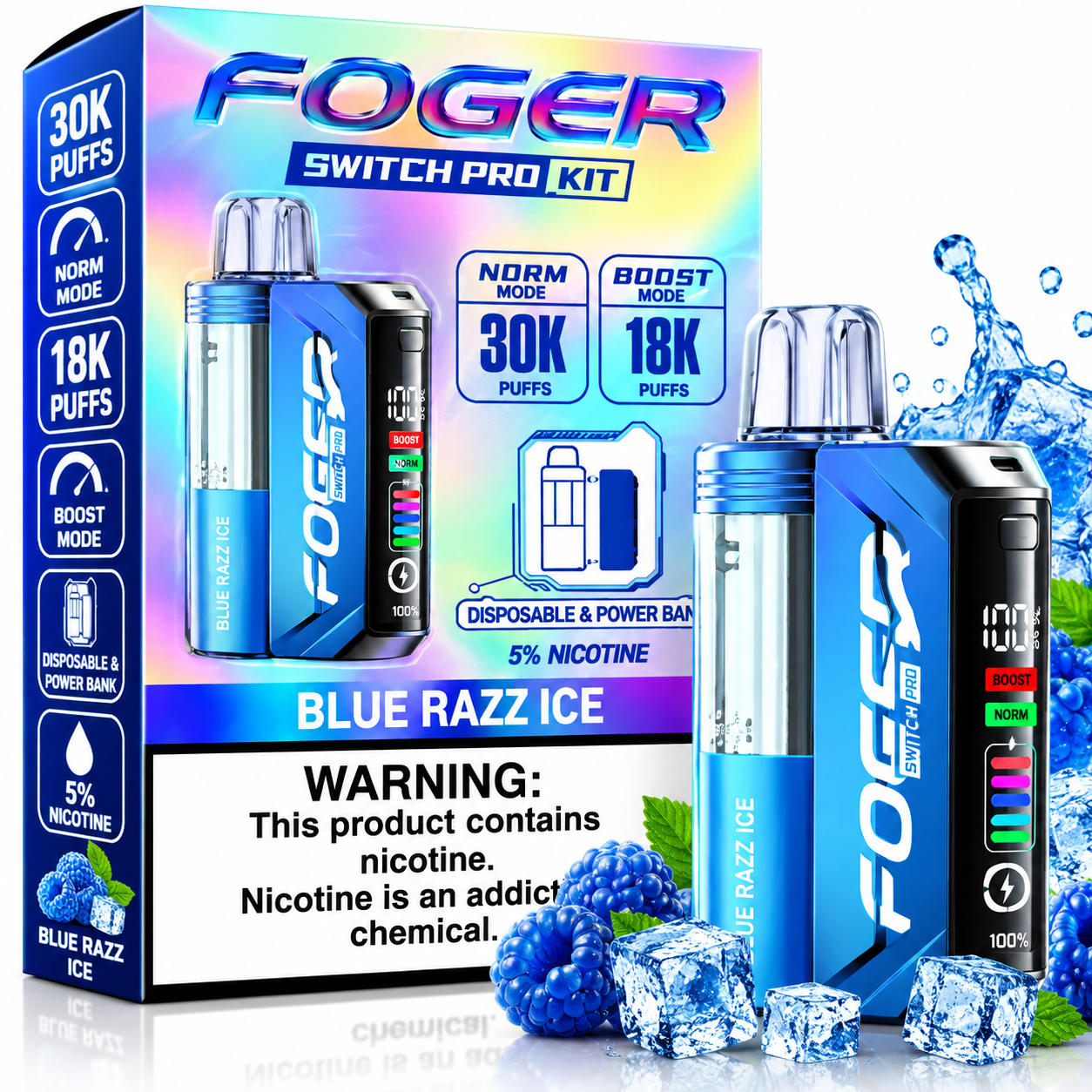 Foger Switch Pro Kit 30K Disposable Vape β Blue Razz Ice Foger Switch Pro Kit 30K Disposable Vape β Blue Razz Ice
