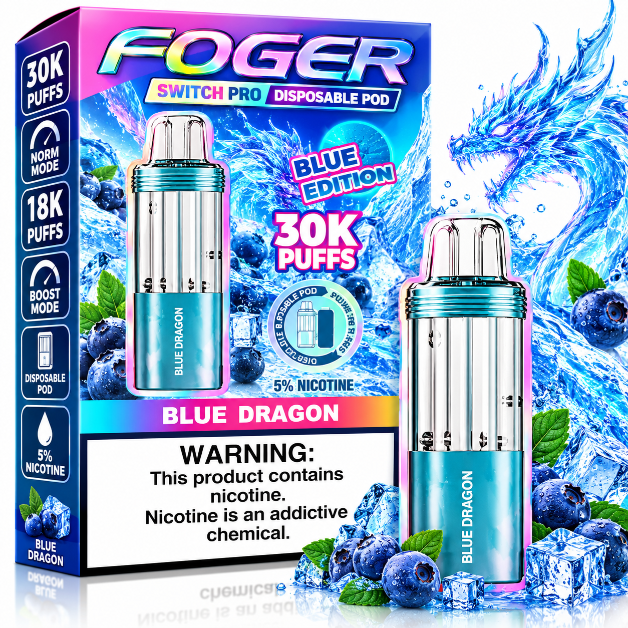 Foger Switch Pro 30K Disposable Pod β Blue Dragon Foger Switch Pro 30K Disposable Pod β Blue Dragon